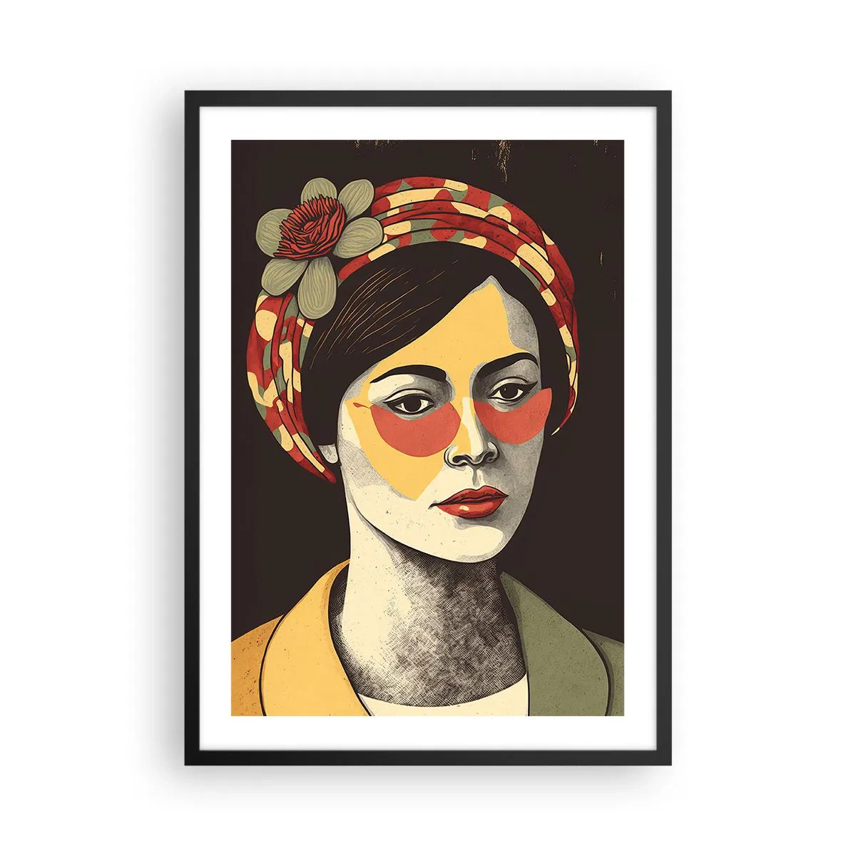 Plagát v čiernom ráme - Štylizovaný portrét ženy v turbane s kvetinovým akcentom - 50x70cm - Koralová dáma - Moderná nástenná dekorácia do obývacej izby a spálne ARTTOR