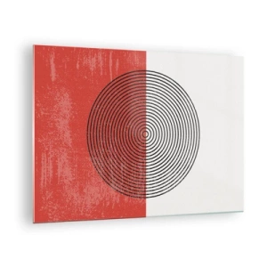 Obraz na skle - Geometrický vzor s kruhom na červeno-bielom pozadí - 70x50cm - Presný zásah - Moderná nástenná dekorácia do obývacej izby a spálne ARTTOR