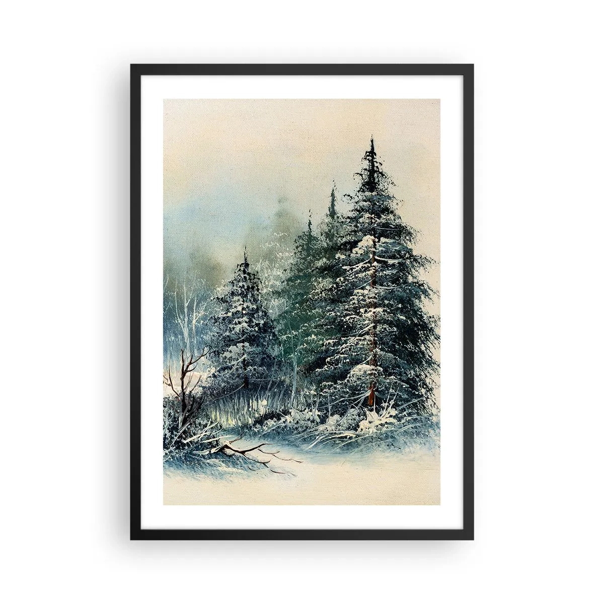 Plagát v čiernom ráme - Zasnežené stromy v zimnom lese proti pokojnej oblohe - 50x70cm - Pripravenie na Vianoce - Moderná nástenná dekorácia do obývacej izby a spálne ARTTOR