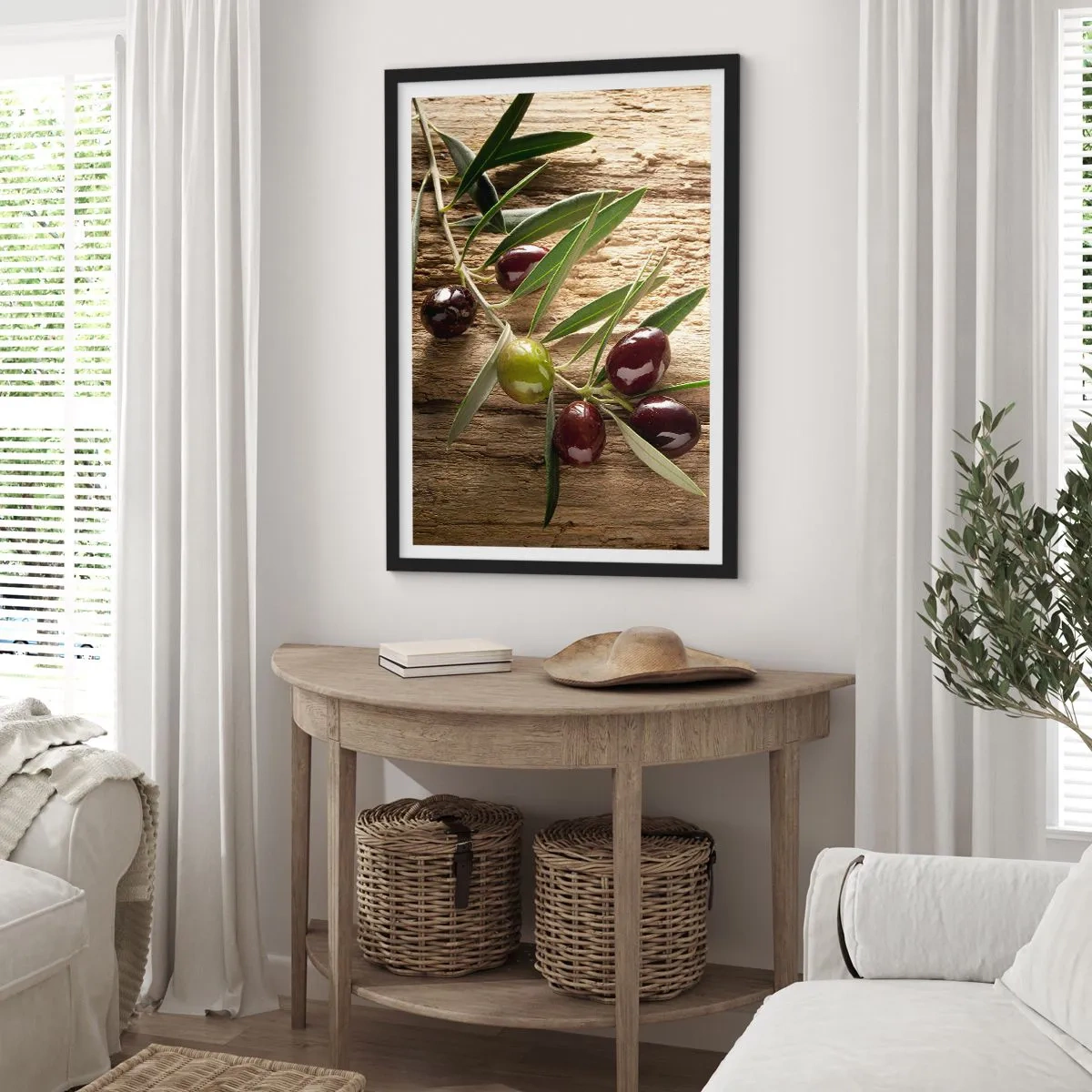 Plagát v čiernom ráme - Olivová ratolesť so zelenými a čiernymi olivami - 50x70cm - Priamo od prírody - Moderná nástenná dekorácia do obývacej izby a spálne ARTTOR