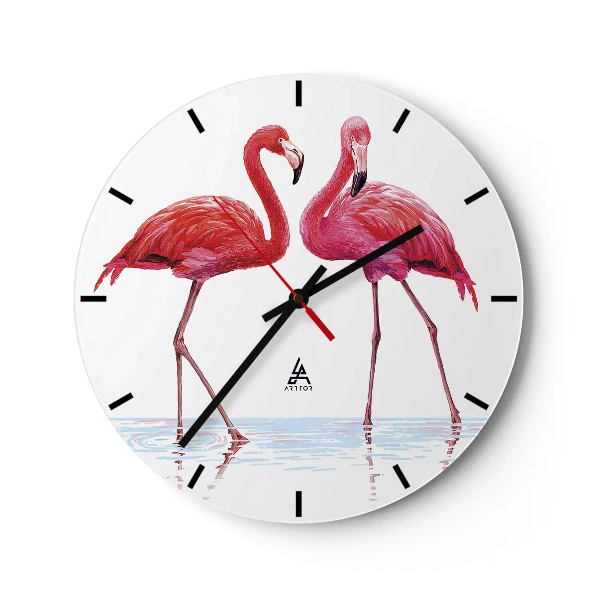 Nástenné hodiny - Dva ružové plameniaky stojace vo vode - 30x30cm - Ružové rendez-vous - Moderná nástenná dekorácia do obývacej izby, kuchyne a spálne ARTTOR