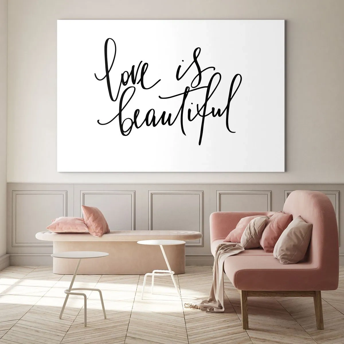 Obraz na skle - Citát „láska je krásna“ v elegantnom ručne písanom štýle na bielom pozadí - 70x50cm - Prečítaj a zopakuj - Moderná nástenná dekorácia do obývacej izby a spálne ARTTOR
