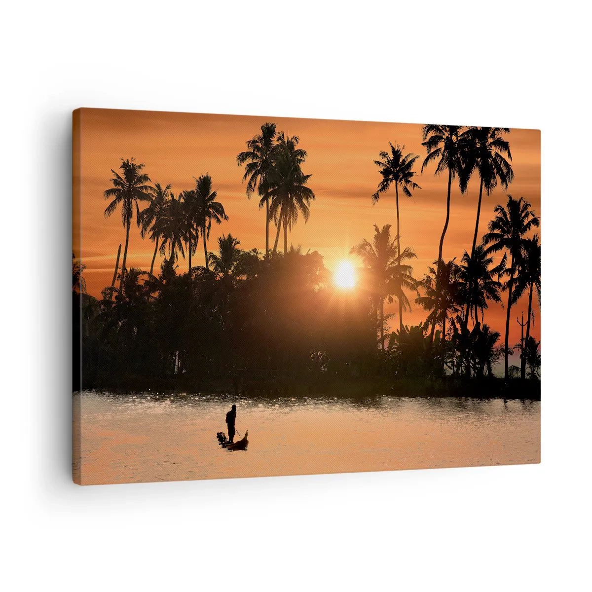 Obraz na plátne - Západ slnka nad palmami a pokojným jazerom s loďkou - 70x50cm - Čas na odpočinok - Moderná nástenná dekorácia do obývacej izby a spálne ARTTOR