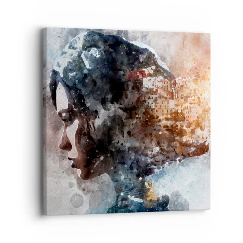 Obraz na plátne - Príbeh o dievčati s mestom v pozadí - 30x30 cm