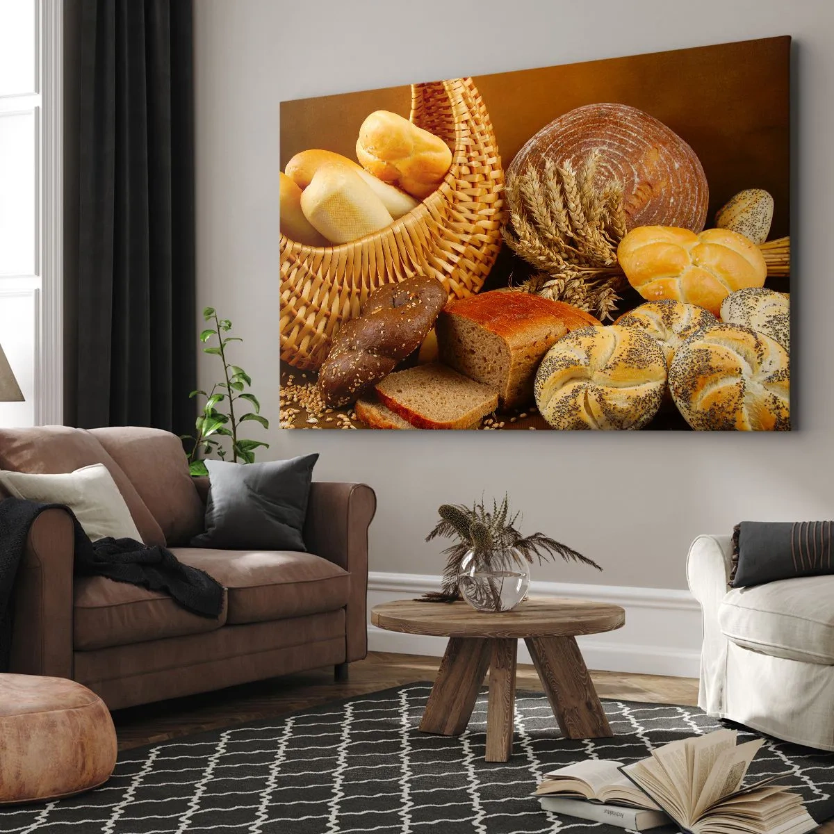 Obraz na plátne - Rôzne druhy chleba v prútenom košíku na zlatom pozadí - 70x50cm - Znova sme mali šťastie - Moderná nástenná dekorácia do obývacej izby a spálne ARTTOR