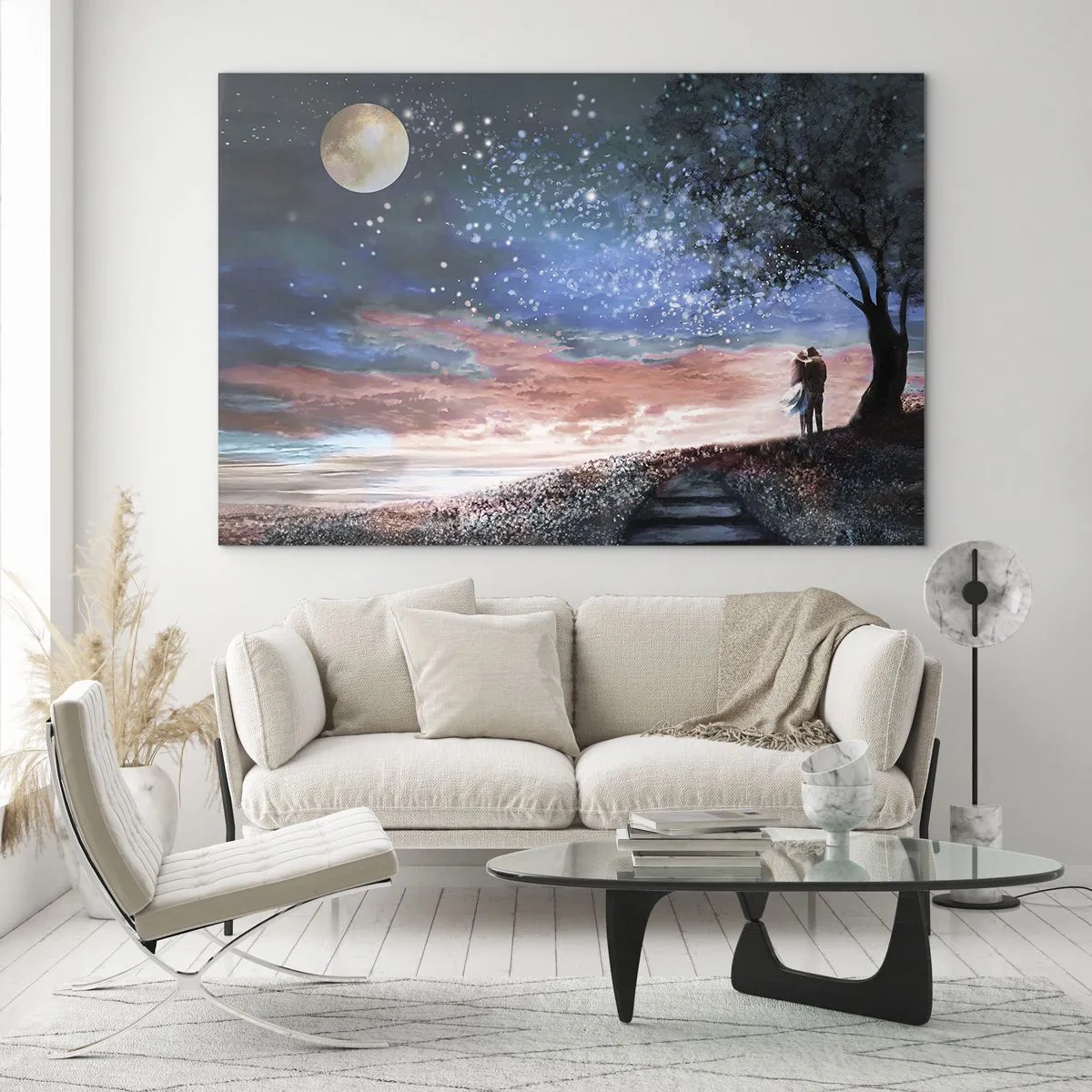 Obraz na skle - Zamilovaný pár pod stromom s mesiacom a hviezdami - 70x50cm - Hviezdicovité predstavenie - Moderná nástenná dekorácia do obývacej izby a spálne ARTTOR