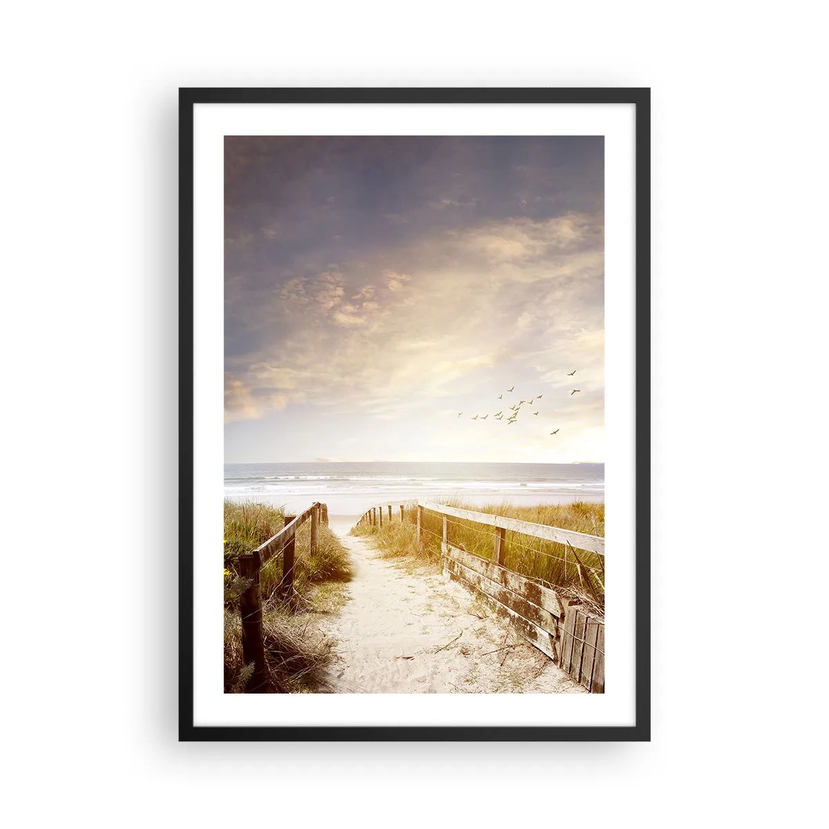 Plagát v čiernom ráme - Cesta k pláži pri západe slnka s lietajúcimi vtákmi - 50x70cm - Priestor pokoja - Moderná nástenná dekorácia do obývacej izby a spálne ARTTOR