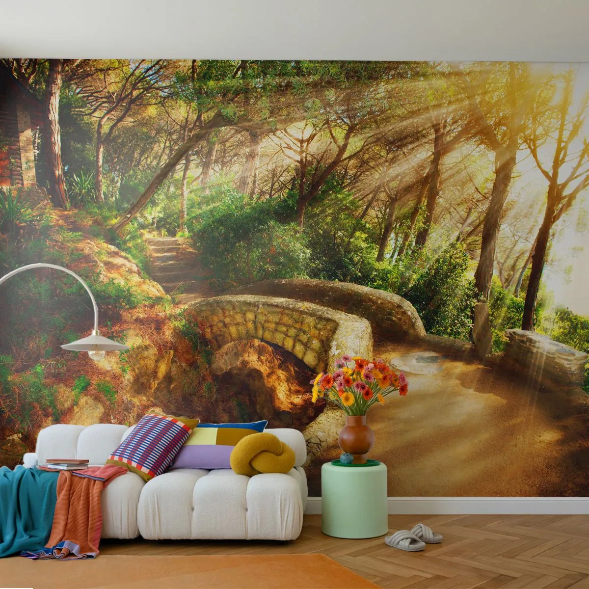 Fototapeta Premium Canvas - Priamo z mostíka v rozprávkovom lese - Krajinky, Kamenné schody, Lúče slnka - 250x175 cm