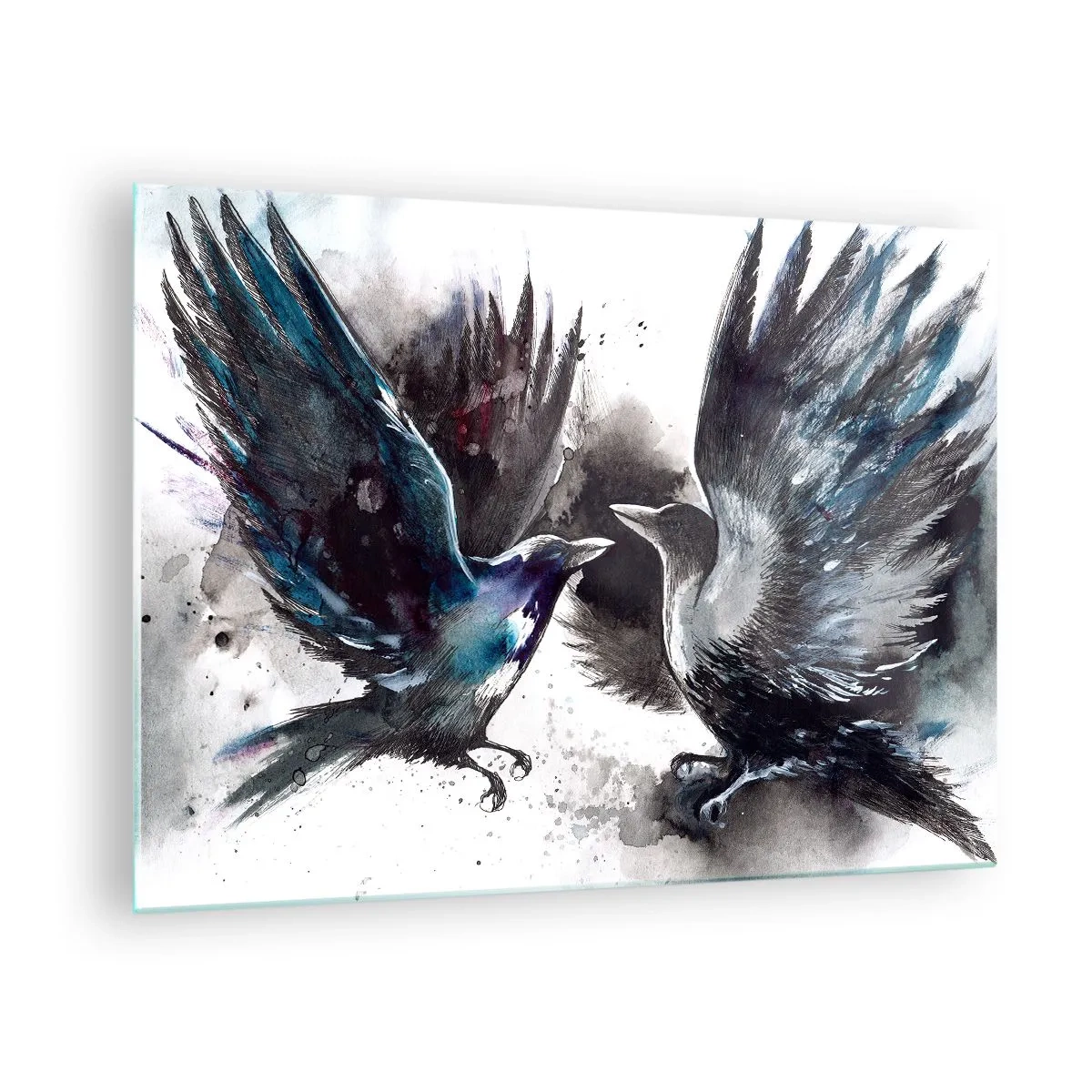 Obraz na skle - Dva havrany v dynamickej póze s rozprestretými krídlami - 70x50cm - Havran havranovi… - Moderná nástenná dekorácia do obývacej izby a spálne ARTTOR