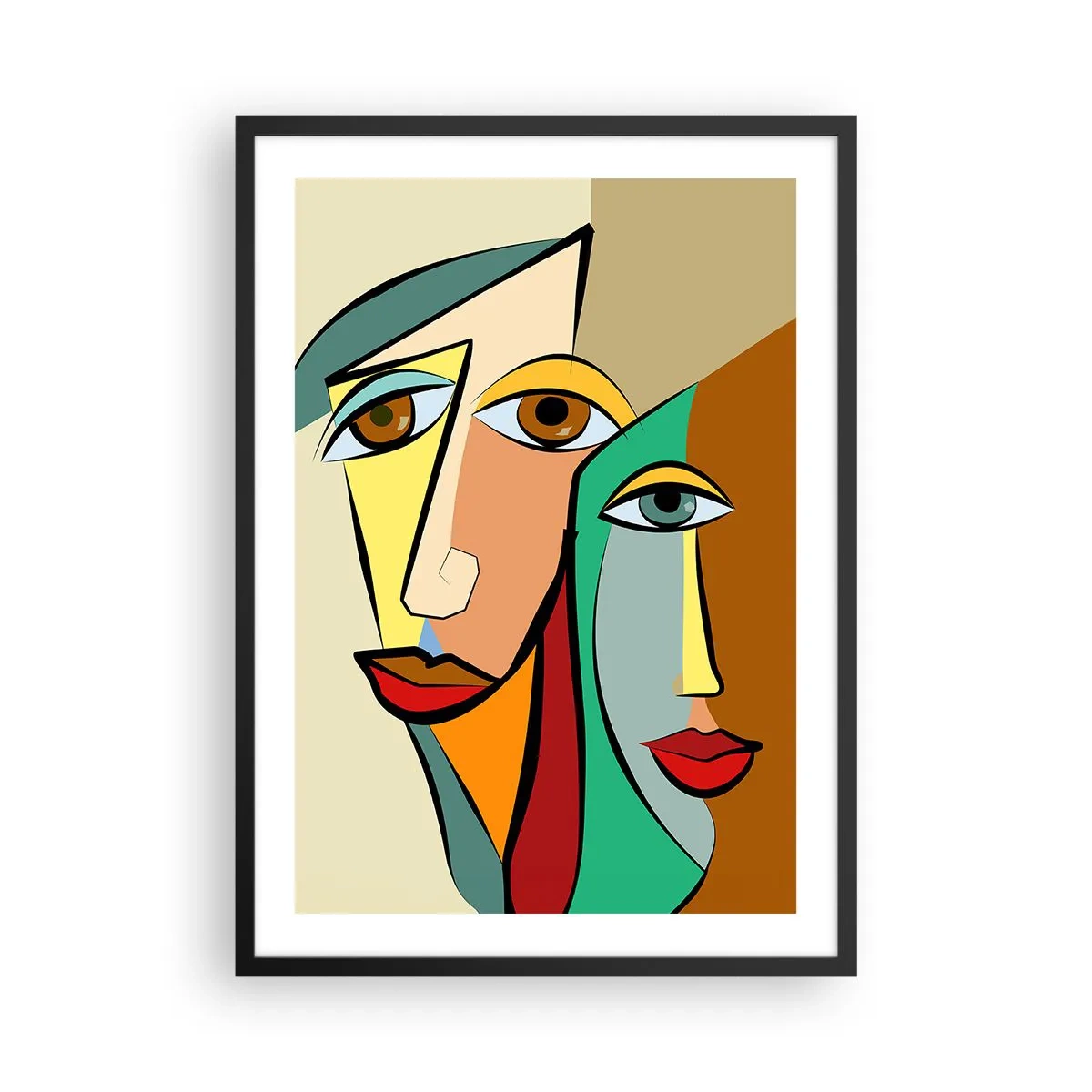 Plagát v čiernom ráme - Abstraktné tváre v kubistickom štýle v teplých farbách - 50x70cm - Kubistický pár - Moderná nástenná dekorácia do obývacej izby a spálne ARTTOR