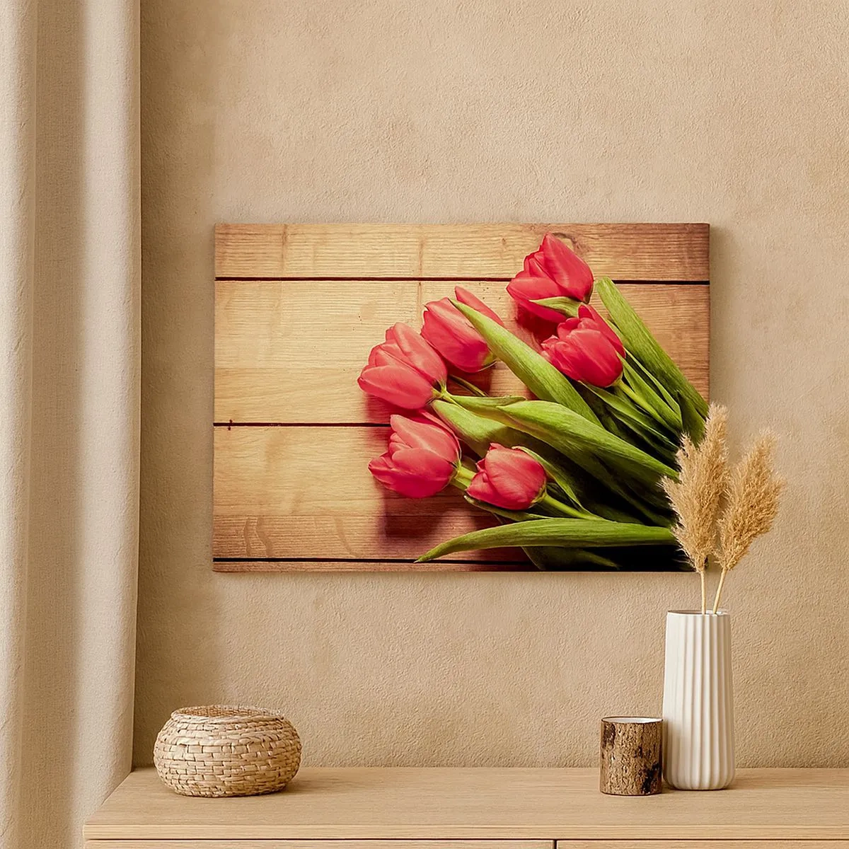 Obraz na plátne - Kytica ružových tulipánov na drevenom pozadí - 70x50cm - Jarné vyznanie - Moderná nástenná dekorácia do obývacej izby a spálne ARTTOR