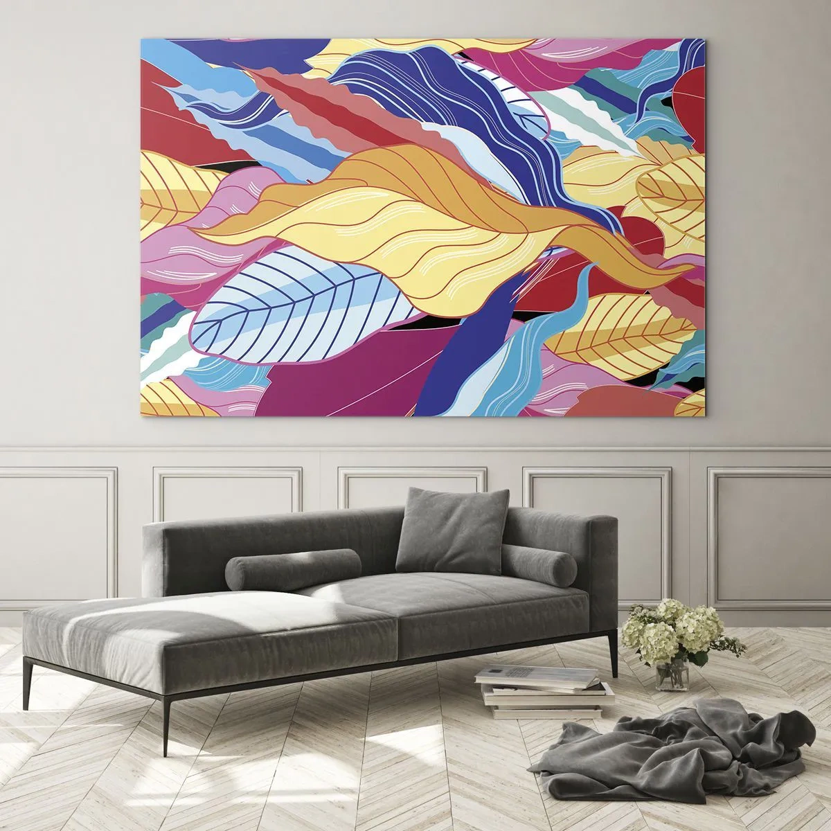 Obraz na skle - Farebné abstraktné listy na sklenenom pozadí - 70x50cm - Farebný neporiadok - Moderná nástenná dekorácia do obývacej izby a spálne ARTTOR