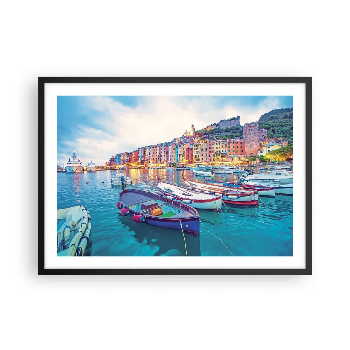 Plagát v čiernom ráme - Farebný večer v prístave - 70x50 cm
