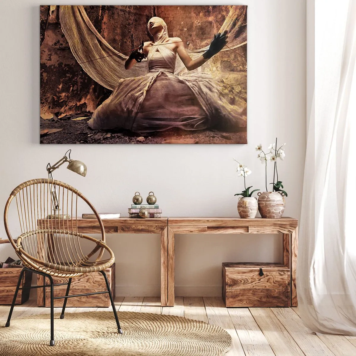 Obraz na plátne - Žena v šatách so zakrytou tvárou a nožnicami v rukách - 70x50cm - Bohyňa osudu - Moderná nástenná dekorácia do obývacej izby a spálne ARTTOR