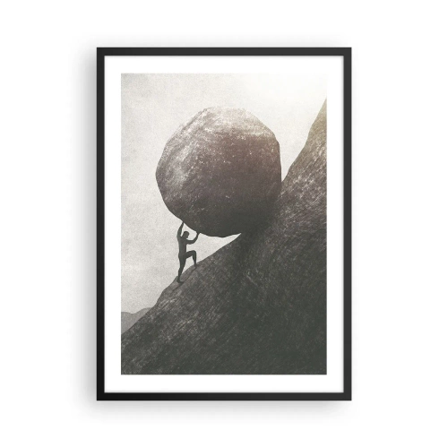 Plagát v čiernom ráme - Symbolická postava nesúca balvan hore kopcom - 50x70cm - Verím, proti všetkej nádeji - Moderná nástenná dekorácia do obývacej izby a spálne ARTTOR