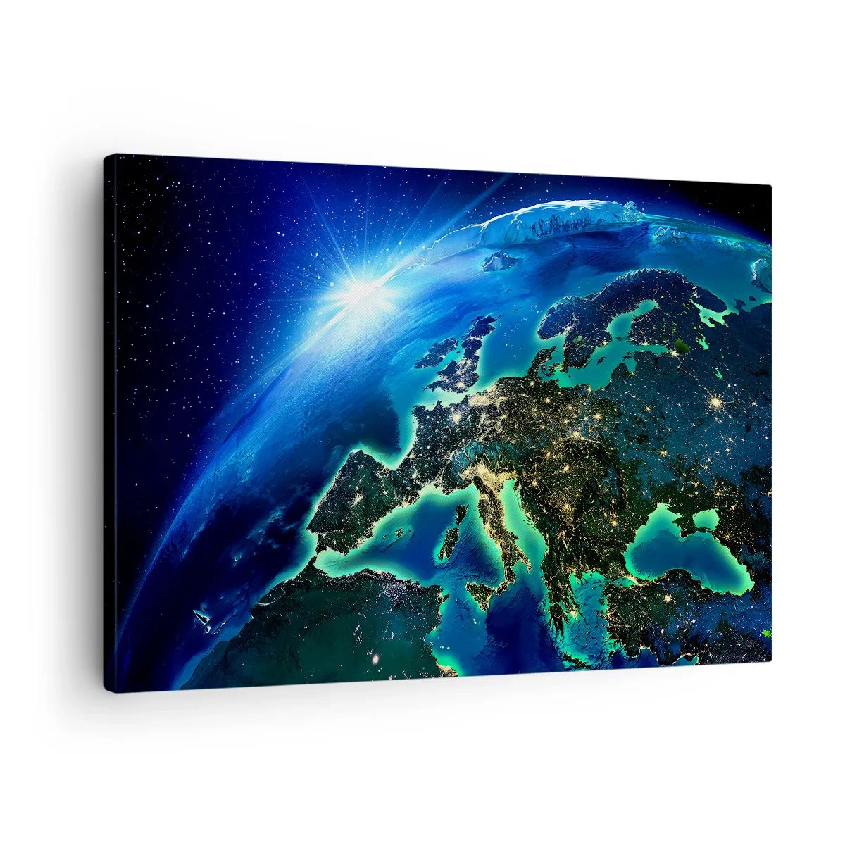Obraz na plátne - Pohľad na Európu z vesmíru v žiari vychádzajúceho slnka. - 70x50cm - Iskrivá Európa - Moderná nástenná dekorácia do obývacej izby a spálne ARTTOR