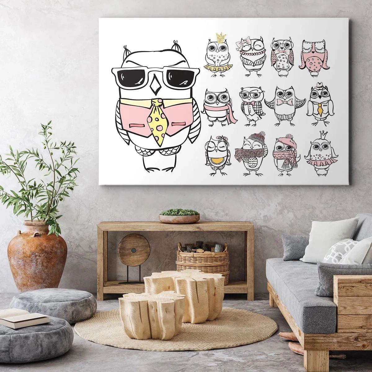Obraz na plátne - Sovy v rôznych štýloch a oblečení - 70x50cm - Toľko rolí na hranie - Moderná nástenná dekorácia do obývacej izby a spálne ARTTOR