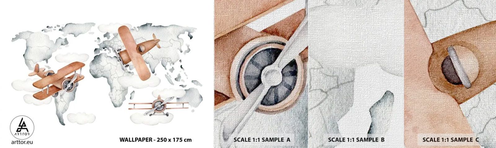 Vzorka fototapety Premium Canvas - V priekopníckom duchu - Mapa sveta, Lietadlá, Detský - 100x30 cm