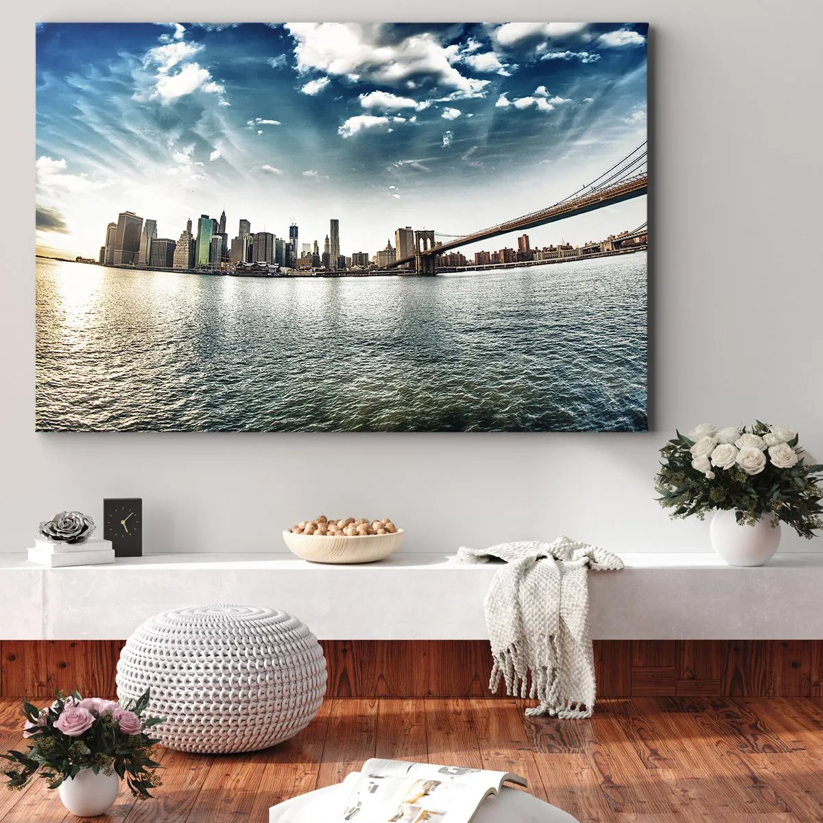 Obraz na plátne - Panoráma mesta s mostom proti modrej oblohe - 70x50cm - Sklenený ostrov - Moderná nástenná dekorácia do obývacej izby a spálne ARTTOR