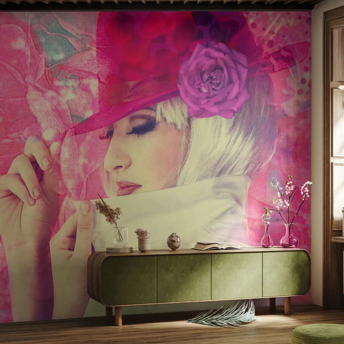 Fototapeta Premium Canvas - Retro portrét v ružovej hmle - Žena V Klobúku, Kvety, Móda - 500x350 cm