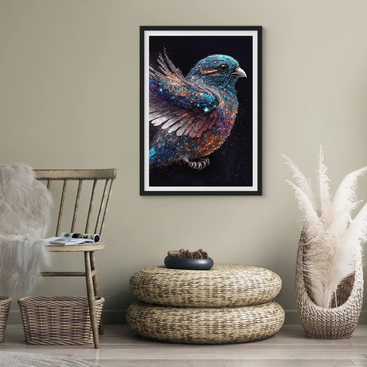 Plagát v čiernom ráme - Vesmírny vták s hviezdnym perím na čiernom pozadí - 50x70cm - Diamantový vrabec - Moderná nástenná dekorácia do obývacej izby a spálne ARTTOR