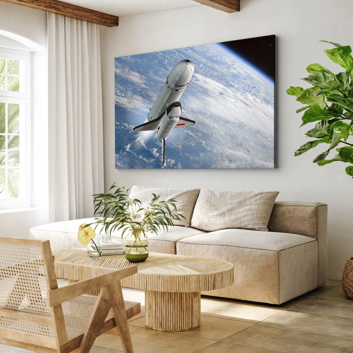 Obraz na plátne - Vesmírna raketa stúpajúca na pozadí Zeme - 70x50cm - Vesmírne nanebovstúpenie - Moderná nástenná dekorácia do obývacej izby a spálne ARTTOR