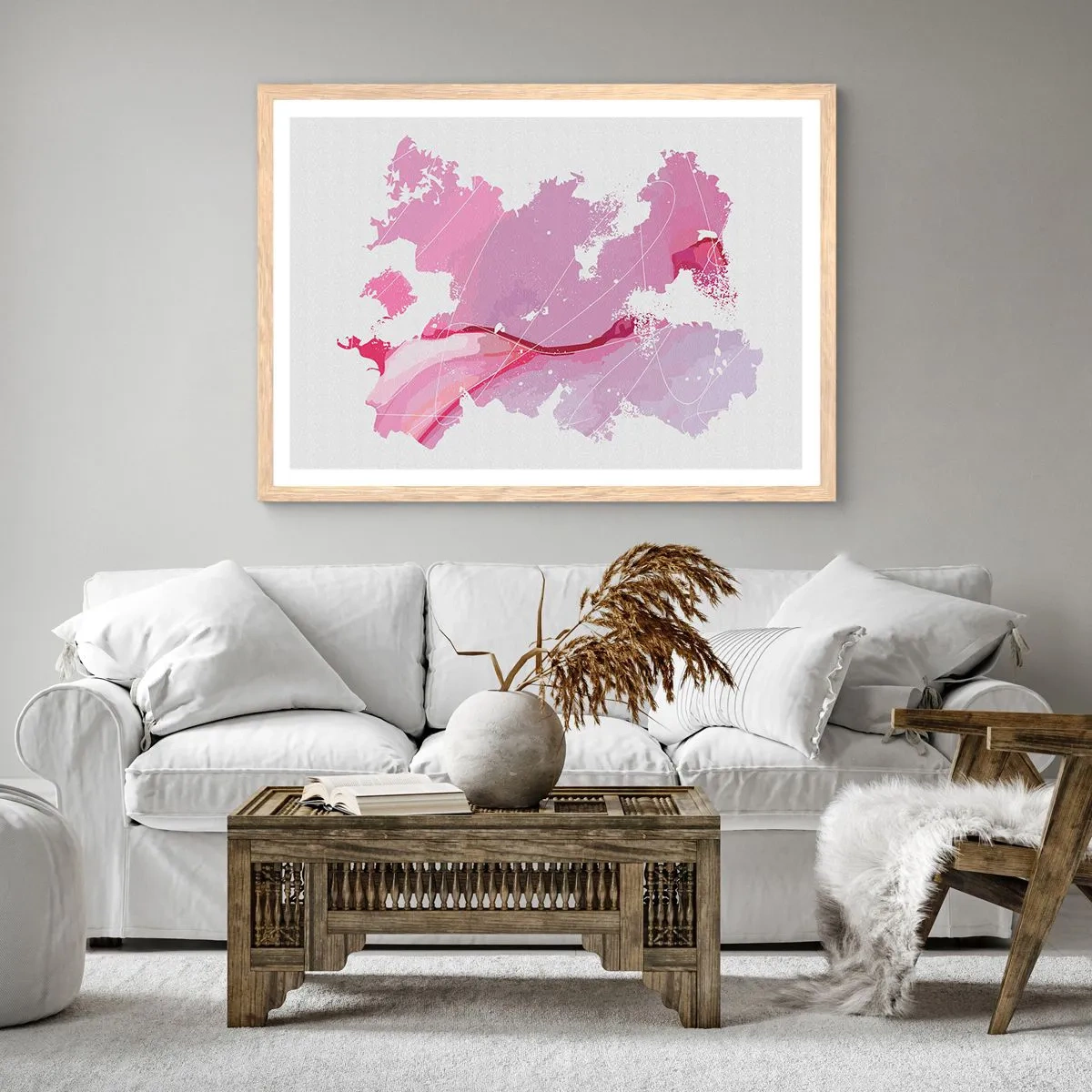 Plagát v ráme zo svetlého duba - Mapa ružového sveta - 100x70 cm