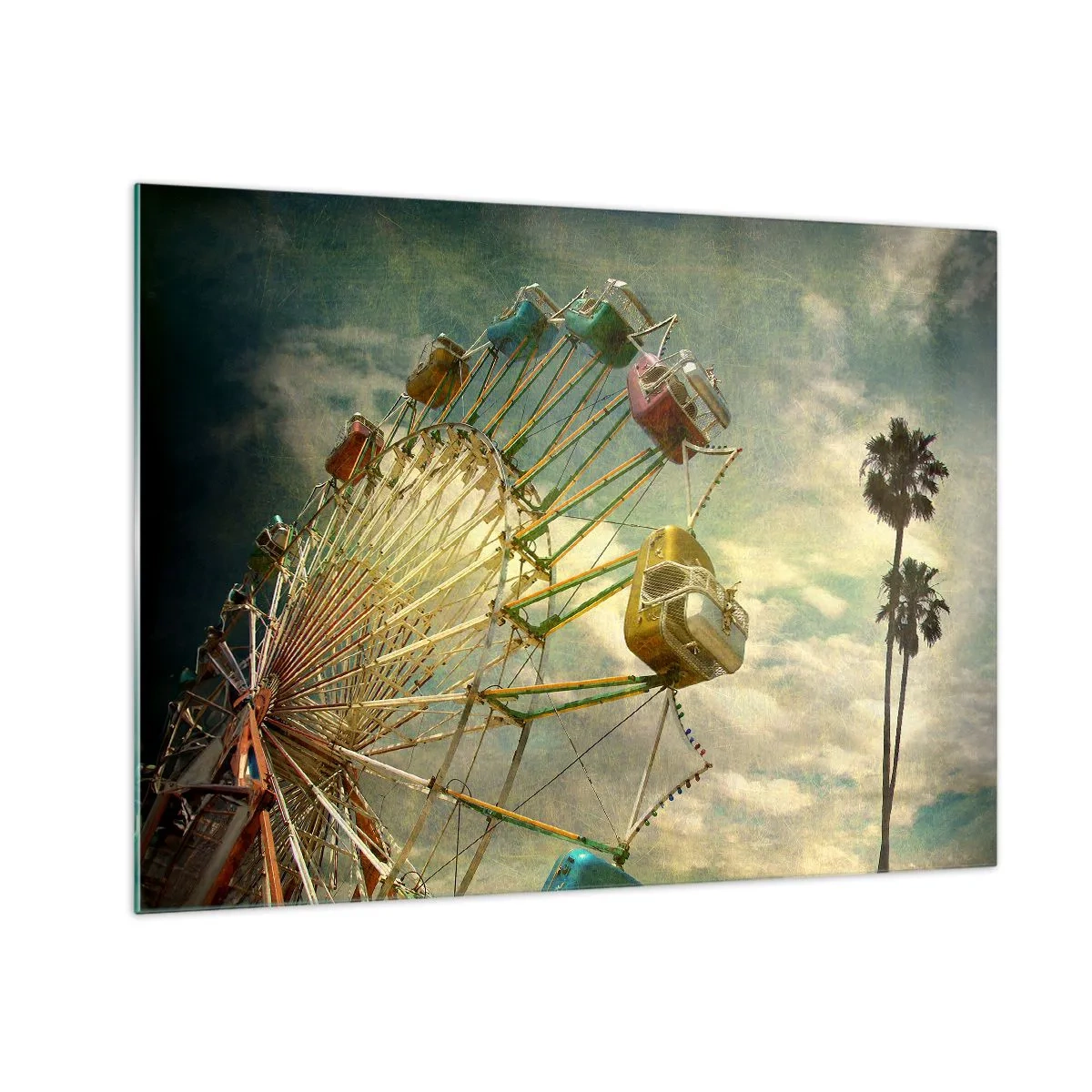 Obraz na skle - Ruské koleso proti oblohe a palmám v retro štýle - 70x50cm - Bude, bude zábava… - Moderná nástenná dekorácia do obývacej izby a spálne ARTTOR