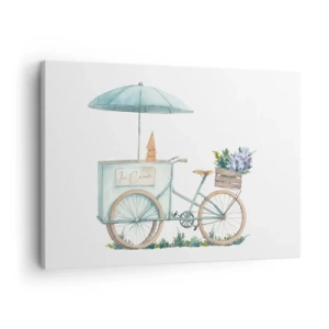 Obraz na plátne - Bicykel so zmrzlinou a kvetmi pod dáždnikom v jemných pastelových farbách - 70x50cm - Sladká spomienka na leto - Moderná nástenná dekorácia do obývacej izby a spálne ARTTOR