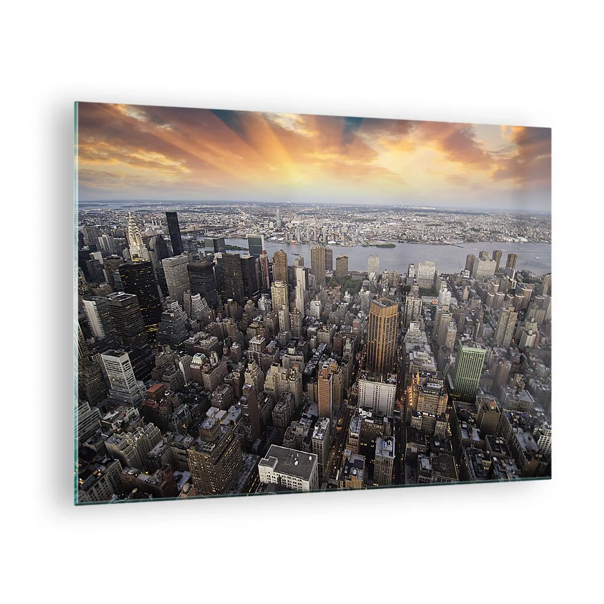 Obraz na skle - Panoráma mesta s výhľadom na mrakodrapy pri západe slnka - 70x50cm - Búšiace srdce našej doby - Moderná nástenná dekorácia do obývacej izby a spálne ARTTOR