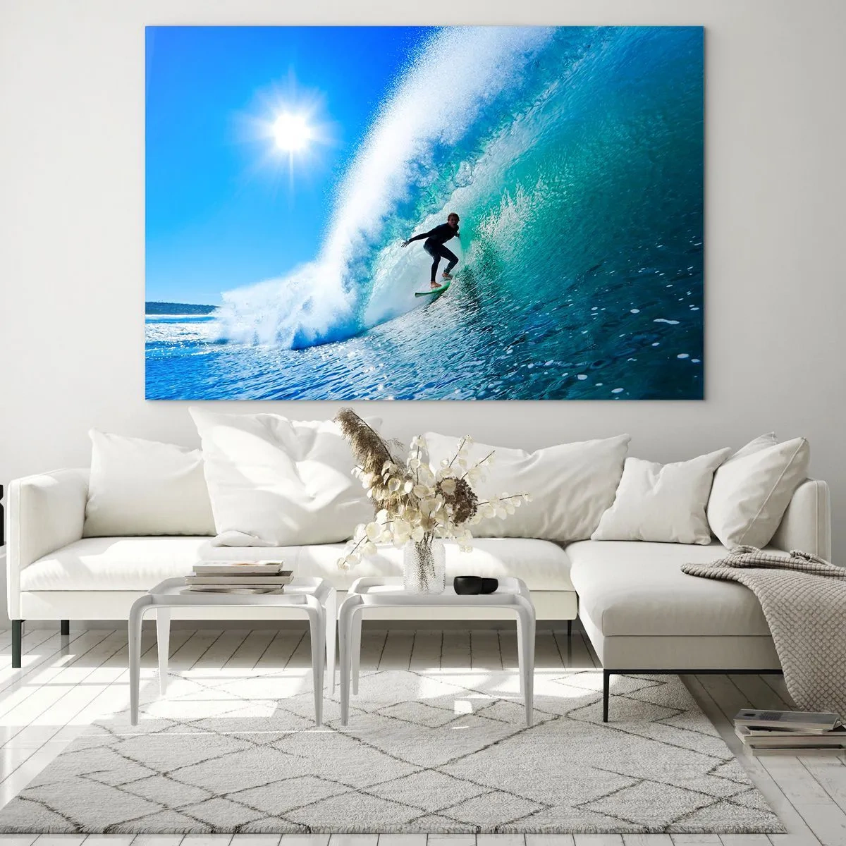Obraz na skle - Surfer na vlne za slnečného dňa - 70x50cm - Cez veľký blankyt - Moderná nástenná dekorácia do obývacej izby a spálne ARTTOR