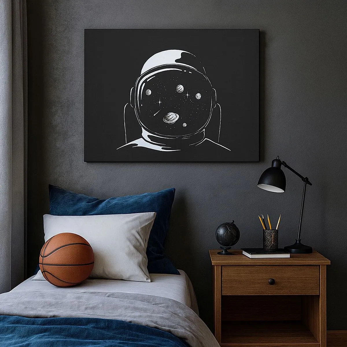 Obraz na plátne - Minimalistická astronautická prilba s výhľadom na vesmír - 70x50cm - Skvelý výhľad - Moderná nástenná dekorácia do obývacej izby a spálne ARTTOR