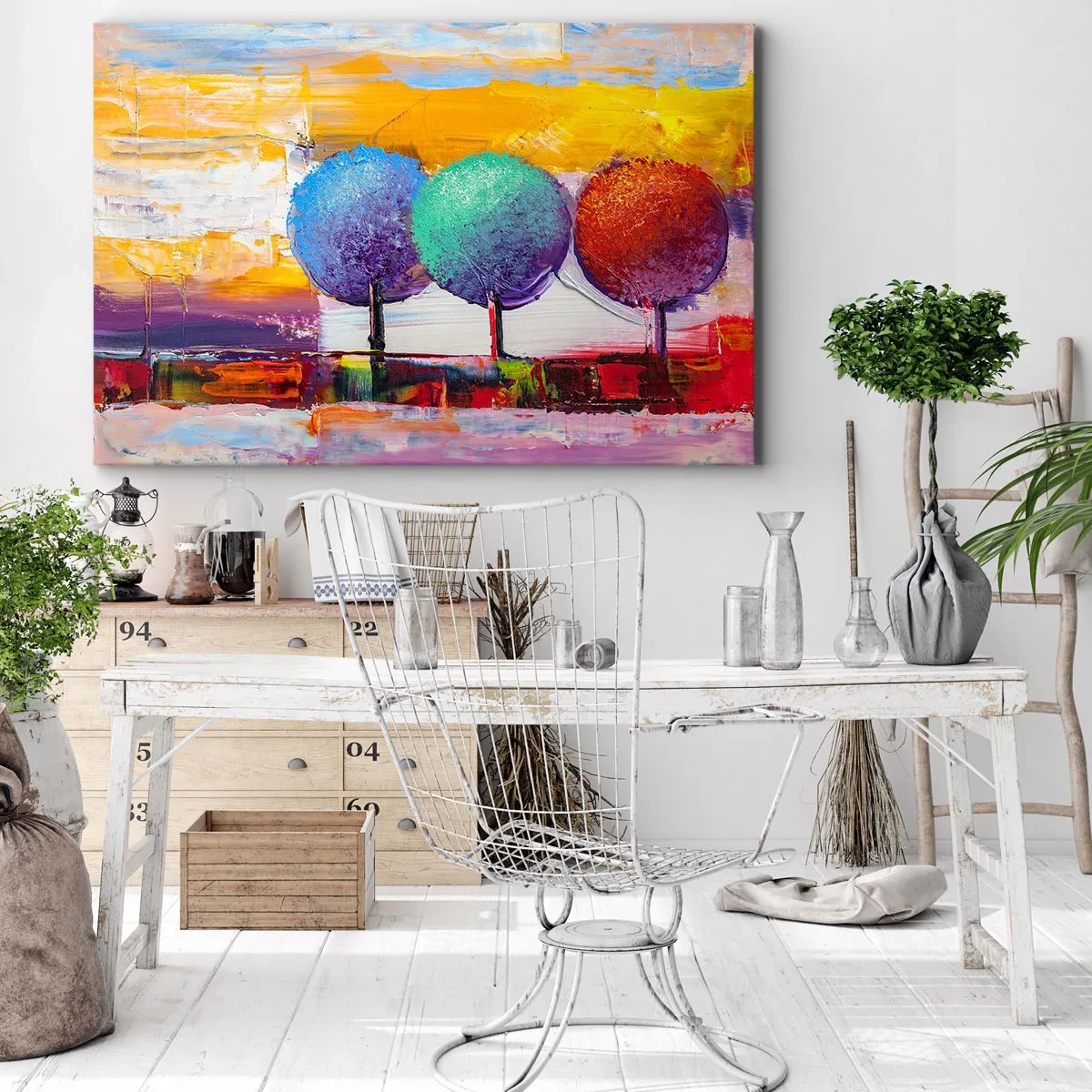 Obraz na plátne - Tri farebné stromy na abstraktnom pozadí - 70x50cm - Do tretice všetko dobré - Moderná nástenná dekorácia do obývacej izby a spálne ARTTOR