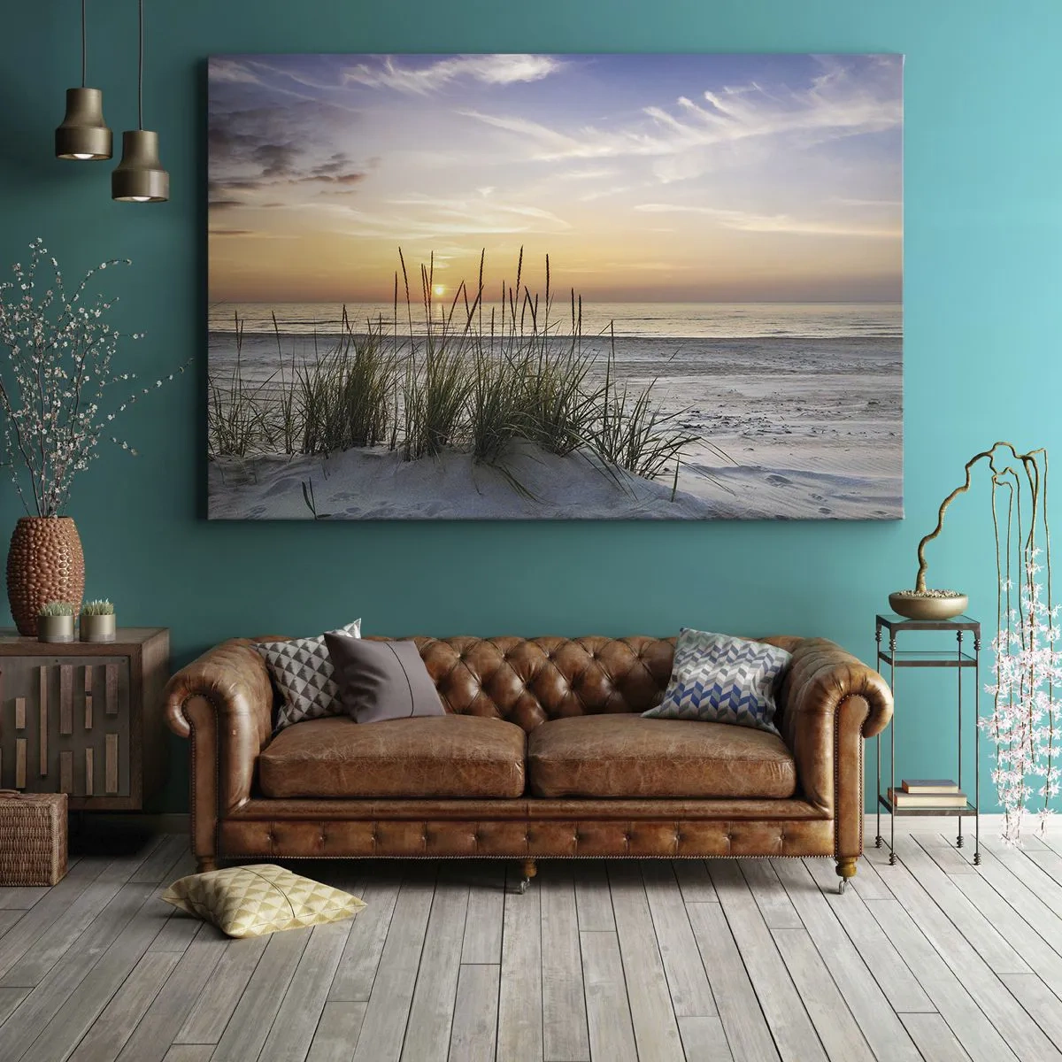 Obraz na plátne - Piesočnatá pláž pri západe slnka s trávou v pozadí - 70x50cm - Pozri sa, predstav si a pociť - Moderná nástenná dekorácia do obývacej izby a spálne ARTTOR