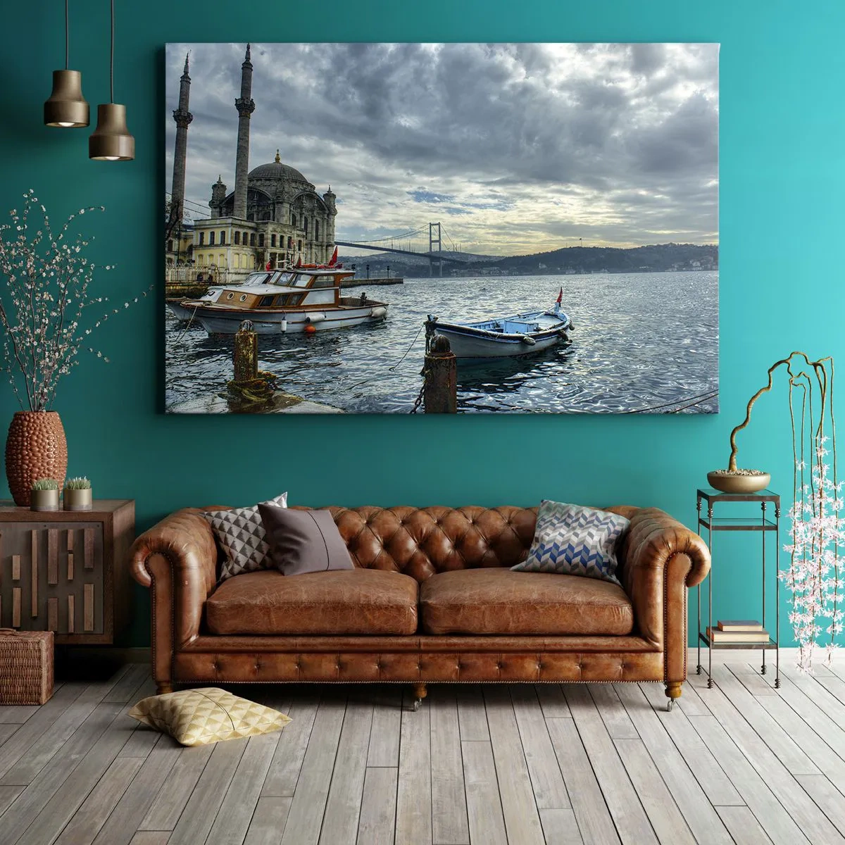 Obraz na plátne - Historická budova na vode s loďkami a mostom v pozadí - 70x50cm - Na rozmedzí svetov - Moderná nástenná dekorácia do obývacej izby a spálne ARTTOR