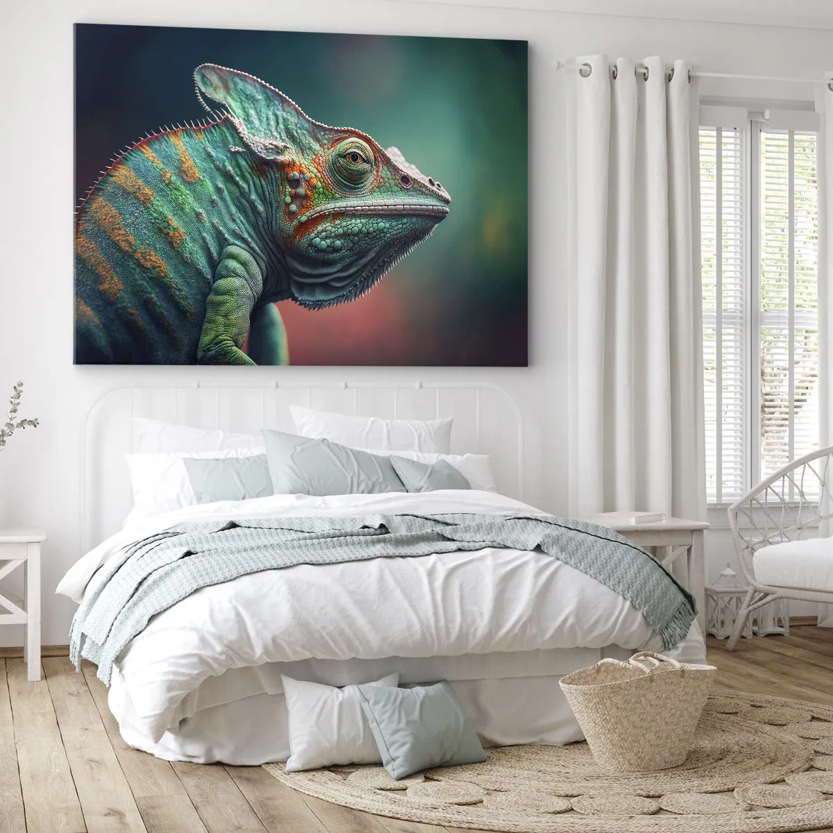 Obraz na plátne - Detailný záber chameleóna v intenzívnych farbách - 70x50cm - Vidíš ma? To nie je dobre… - Moderná nástenná dekorácia do obývacej izby a spálne ARTTOR