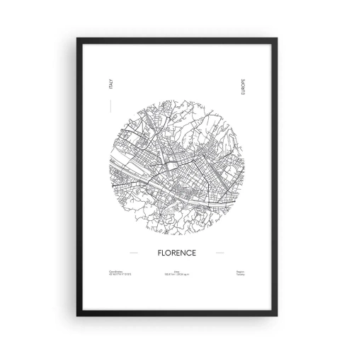 Plagát v čiernom ráme - Minimalistická mapa Florencie v čiernobielej farbe. - 50x70cm - Anatómia Florencie - Moderná nástenná dekorácia do obývacej izby a spálne ARTTOR