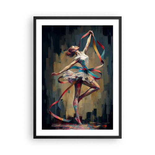 Plagát v čiernom ráme - Tanečnica v dynamickej póze s farebnými stuhami. - 50x70cm - Tanec so stuhou - Moderná nástenná dekorácia do obývacej izby a spálne ARTTOR