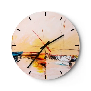 Nástenné hodiny - Plachetnice v malebnom prístave pri západe slnka - 30x30cm - Večer v prístave - Moderná nástenná dekorácia do obývacej izby, kuchyne a spálne ARTTOR