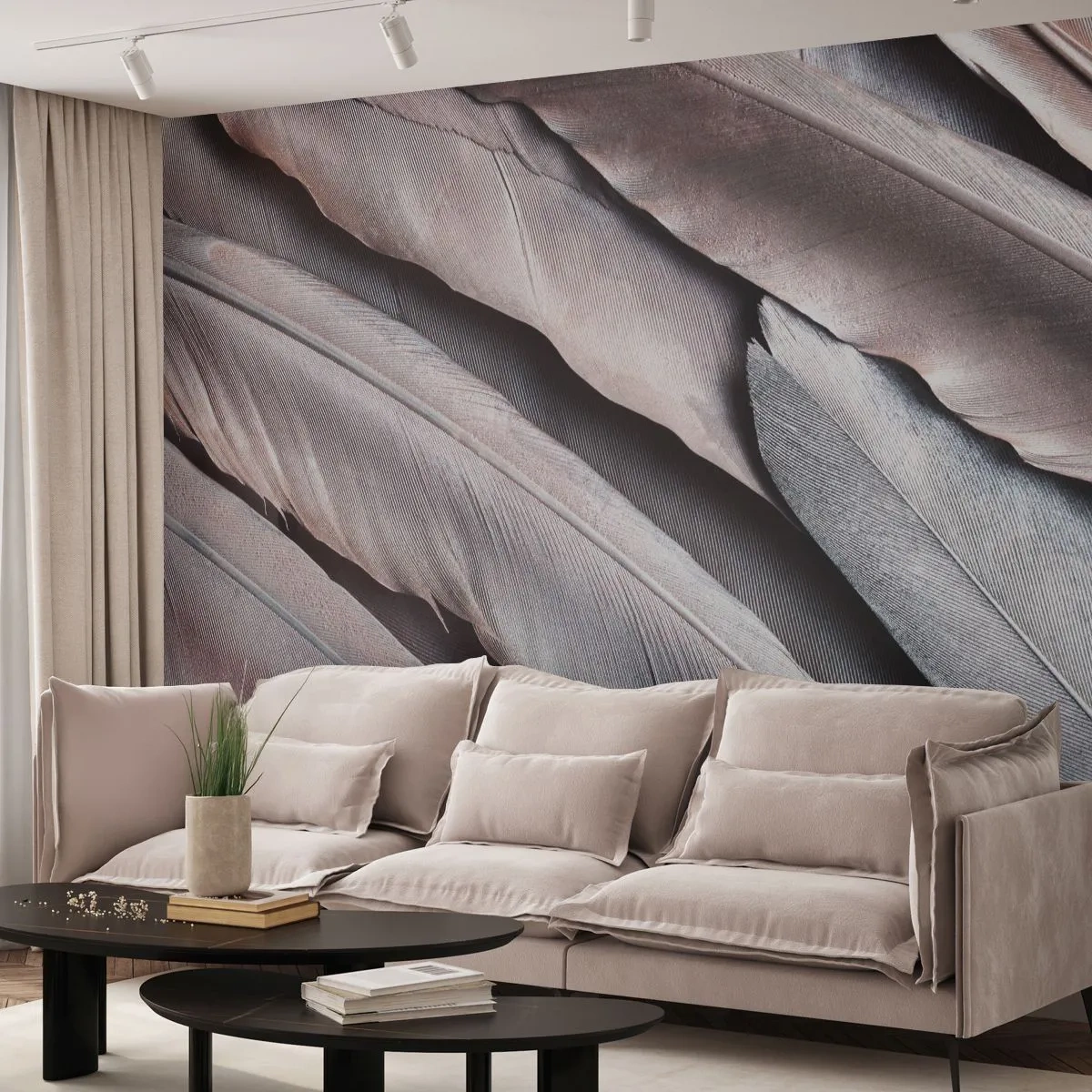 Fototapeta Premium Canvas - V ružovej a striebornej - Vtáčie pierko, Grafika, Boho - 250x175 cm