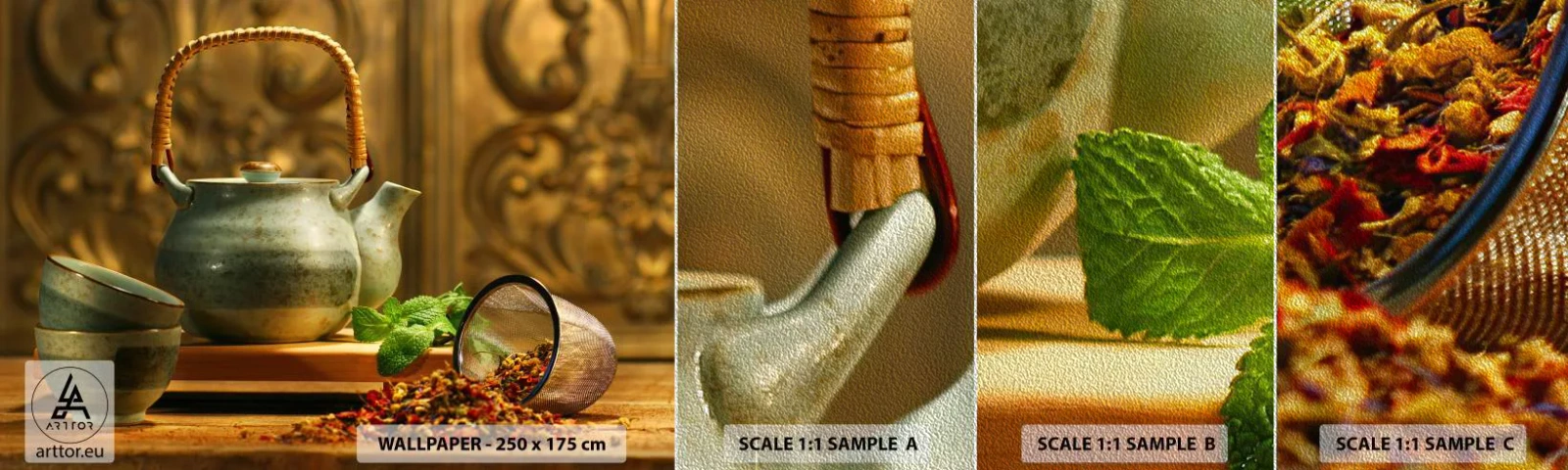 Vzorka fototapety Premium Sand - Traktát o pití čaju - Gastronómia, Čaj, Sušené bylinky - 100x30 cm