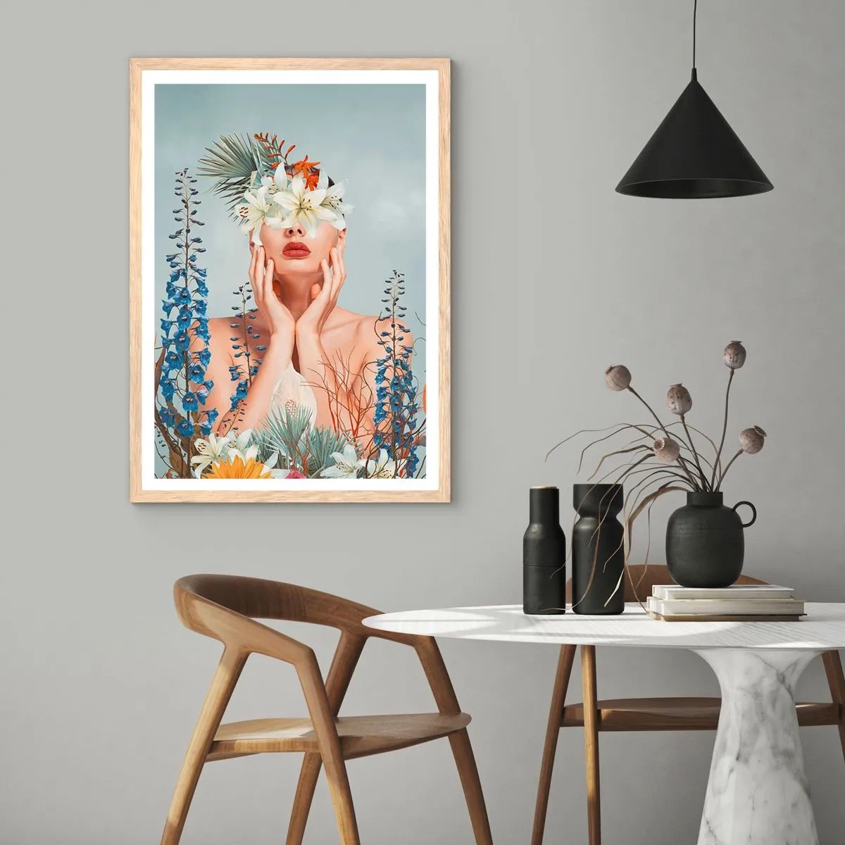 Plagát v ráme zo svetlého duba - Žena – kvetina - 50x70 cm