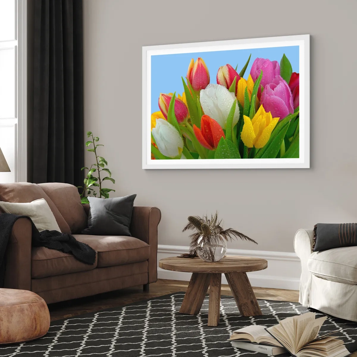Plagát v bielom ráme - Kvetinová dúha v kvapkách rosy - 40x30 cm
