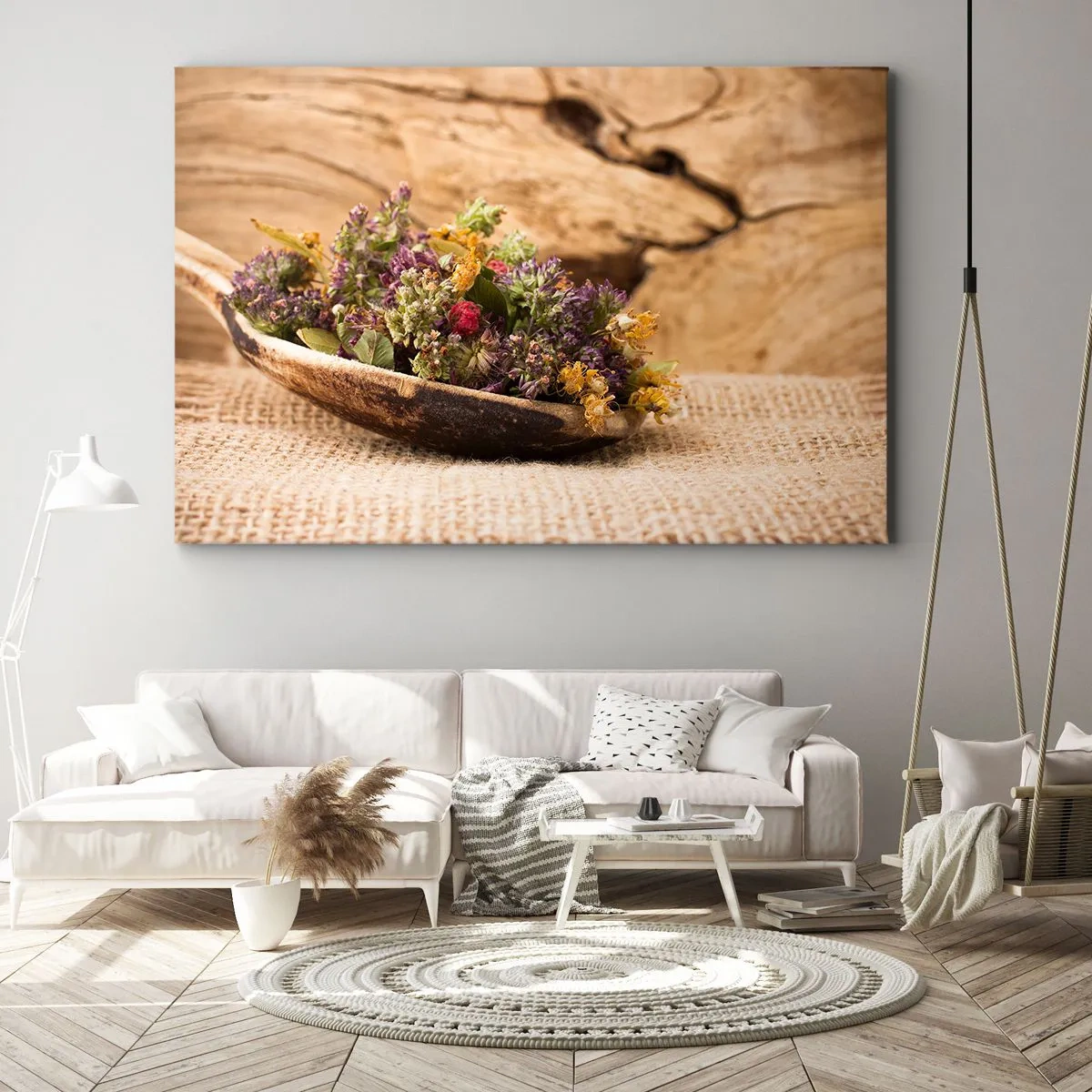 Obraz na plátne - Sušené bylinky v drevenej lyžičke na prírodnom drevenom pozadí - 70x50cm - Farebné kvety a voňavé bylinky - Moderná nástenná dekorácia do obývacej izby a spálne ARTTOR