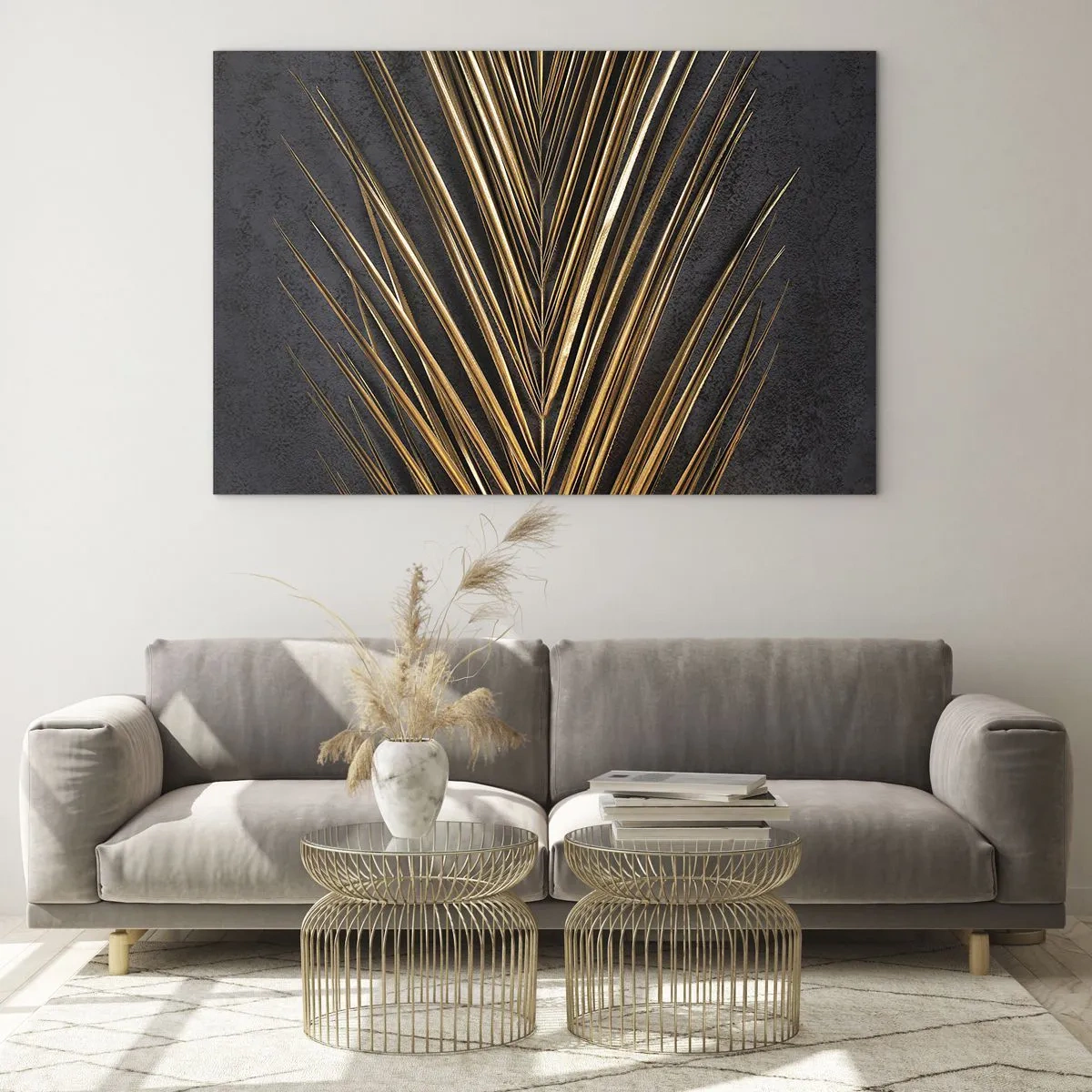 Obraz na skle - Zlatý palmový list na tmavom pozadí - 70x50cm - Zlato trópov - Moderná nástenná dekorácia do obývacej izby a spálne ARTTOR