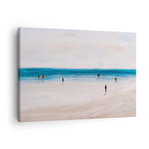 Obraz na plátne - Pláž s ľuďmi na pozadí pokojného mora - 70x50cm - Prirodzená potreba - Moderná nástenná dekorácia do obývacej izby a spálne ARTTOR