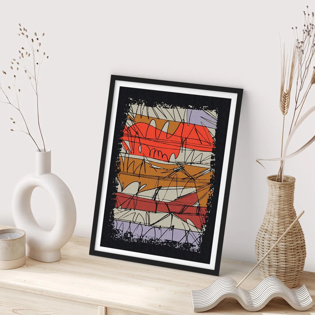 Plagát v čiernom ráme - Abstraktná kompozícia s dynamickými líniami a farbami. - 50x70cm - Spontánna kompozícia - Moderná nástenná dekorácia do obývacej izby a spálne ARTTOR