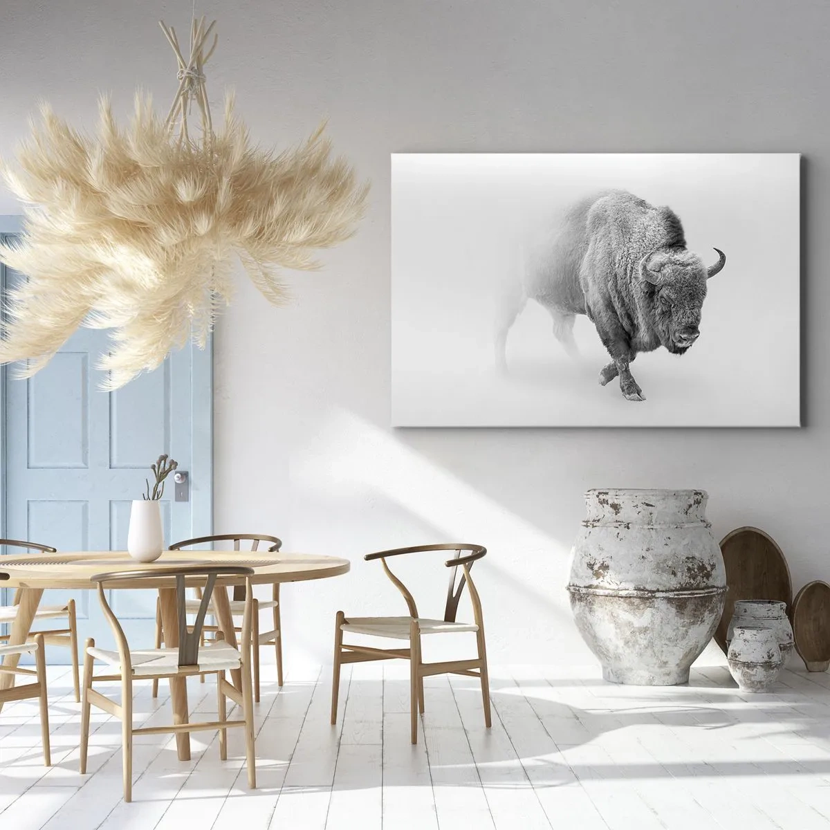 Obraz na plátne - Biely bizón v minimalistickom prostredí - 70x50cm - Kráľ prérie - Moderná nástenná dekorácia do obývacej izby a spálne ARTTOR