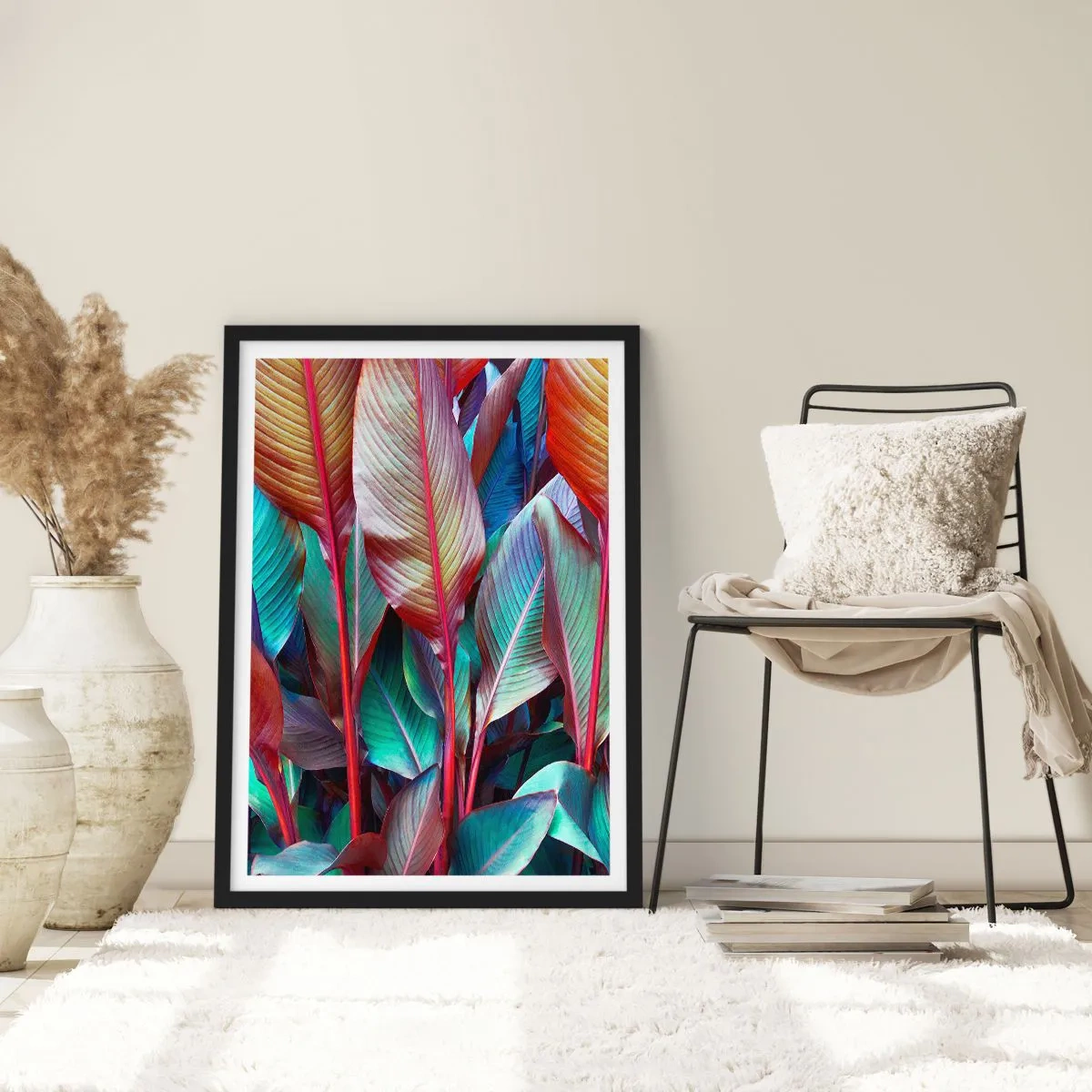 Plagát v čiernom ráme - Farebné listy tropickej rastliny v sýtych farbách - 50x70cm - Farebná húština - Moderná nástenná dekorácia do obývacej izby a spálne ARTTOR