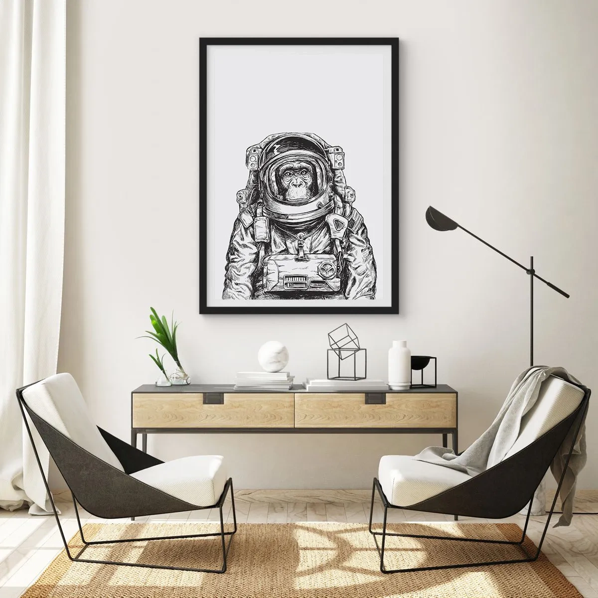 Plagát v čiernom ráme - Opica v skafandri na bielom pozadí - 50x70cm - Alternatívny vývoj - Moderná nástenná dekorácia do obývacej izby a spálne ARTTOR